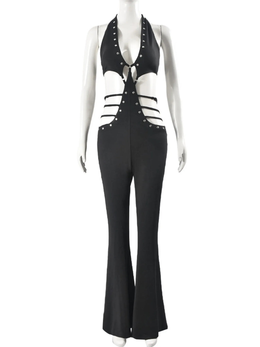 Cutout Deep V Lace-up Backless Micro-flared Jumpsuits