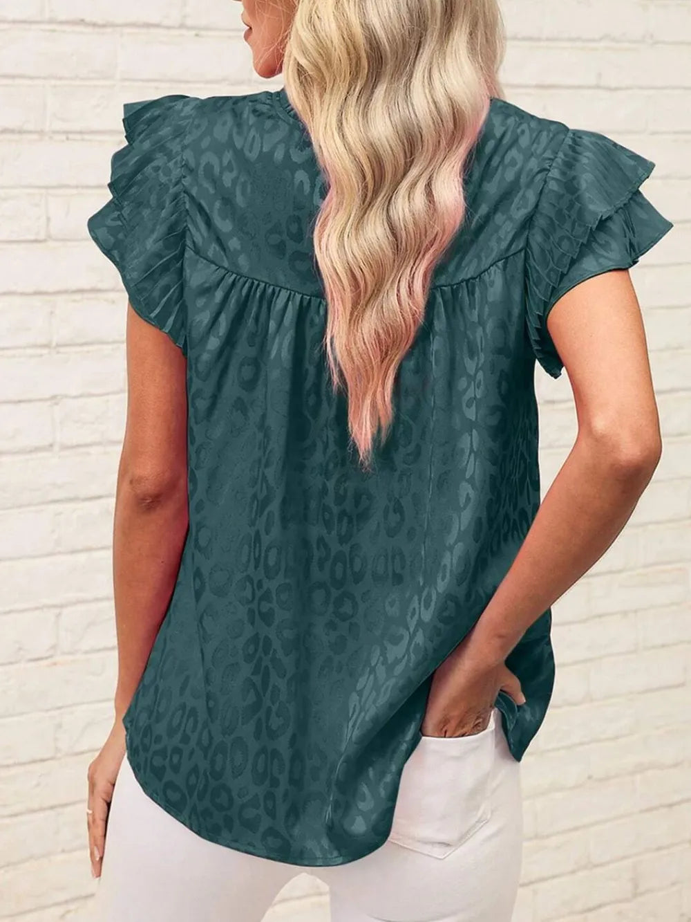 Blouse Top Leopard Print Ruffled Cap Sleeve Versatile