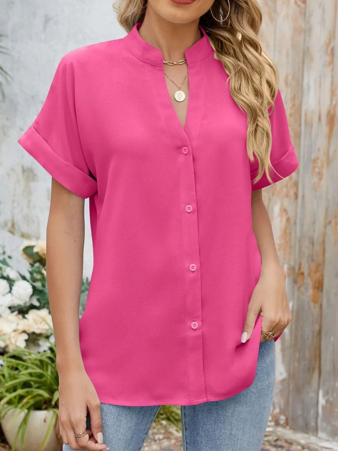 Blouse Top Button-Front Casual Workwear Everyday Cozy