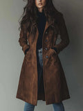 Women's Fitted Long Suede-Look Coat with Button Closure