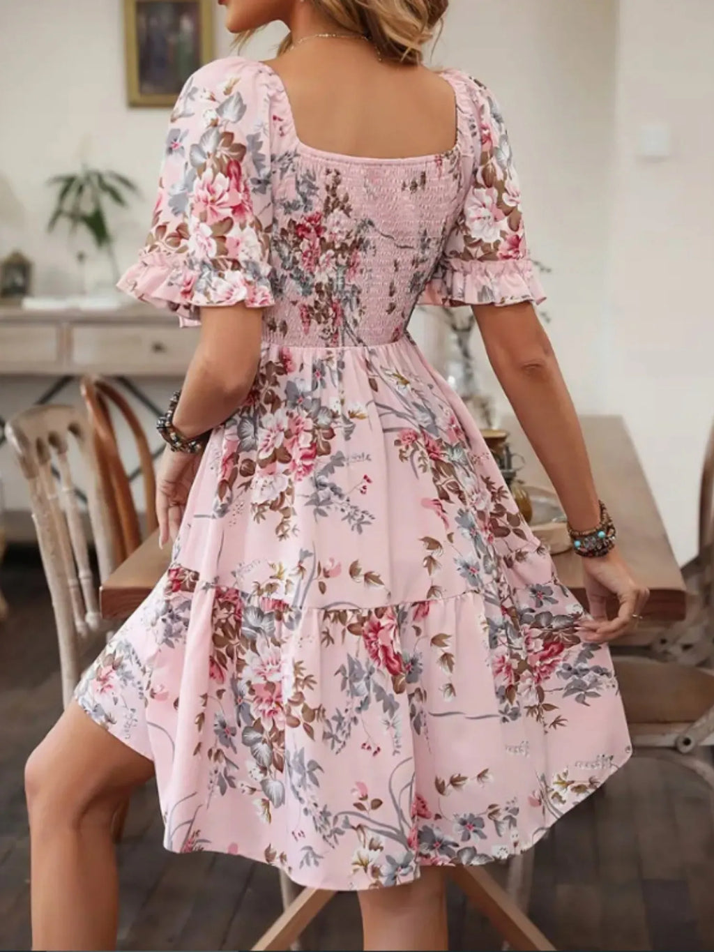 Printed Pleated Square Neck Short Sleeve Mini&Short Dresses