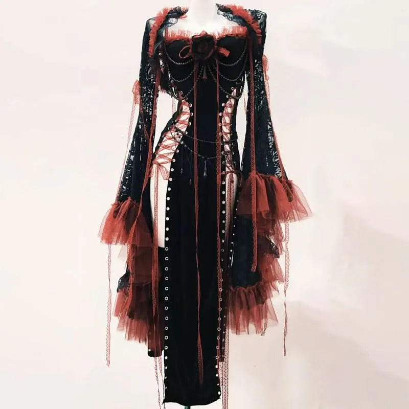 Long sleeve flower applique lace up shrug slit maxi dress  | Festival Outfits Women