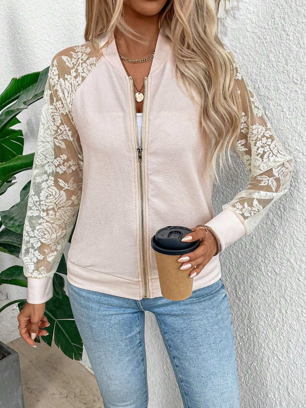 Jacket Baseball Collar Lace Detail Zip Up Casual Trendy