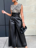 High Waist PU Leather Metal Belt Wide-leg Trousers