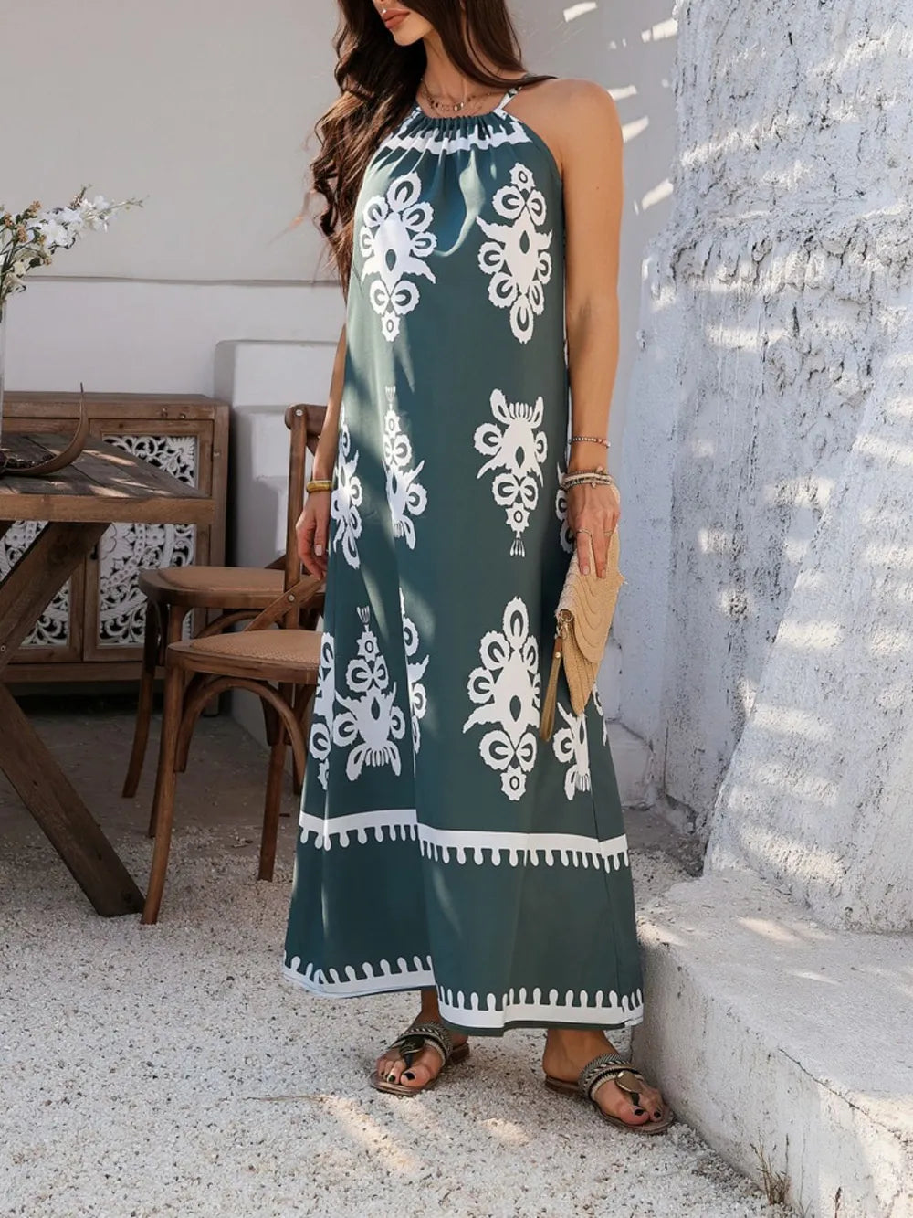 Maxi Dress Halter Neck Printed Sleeveless Resort Wear Gown