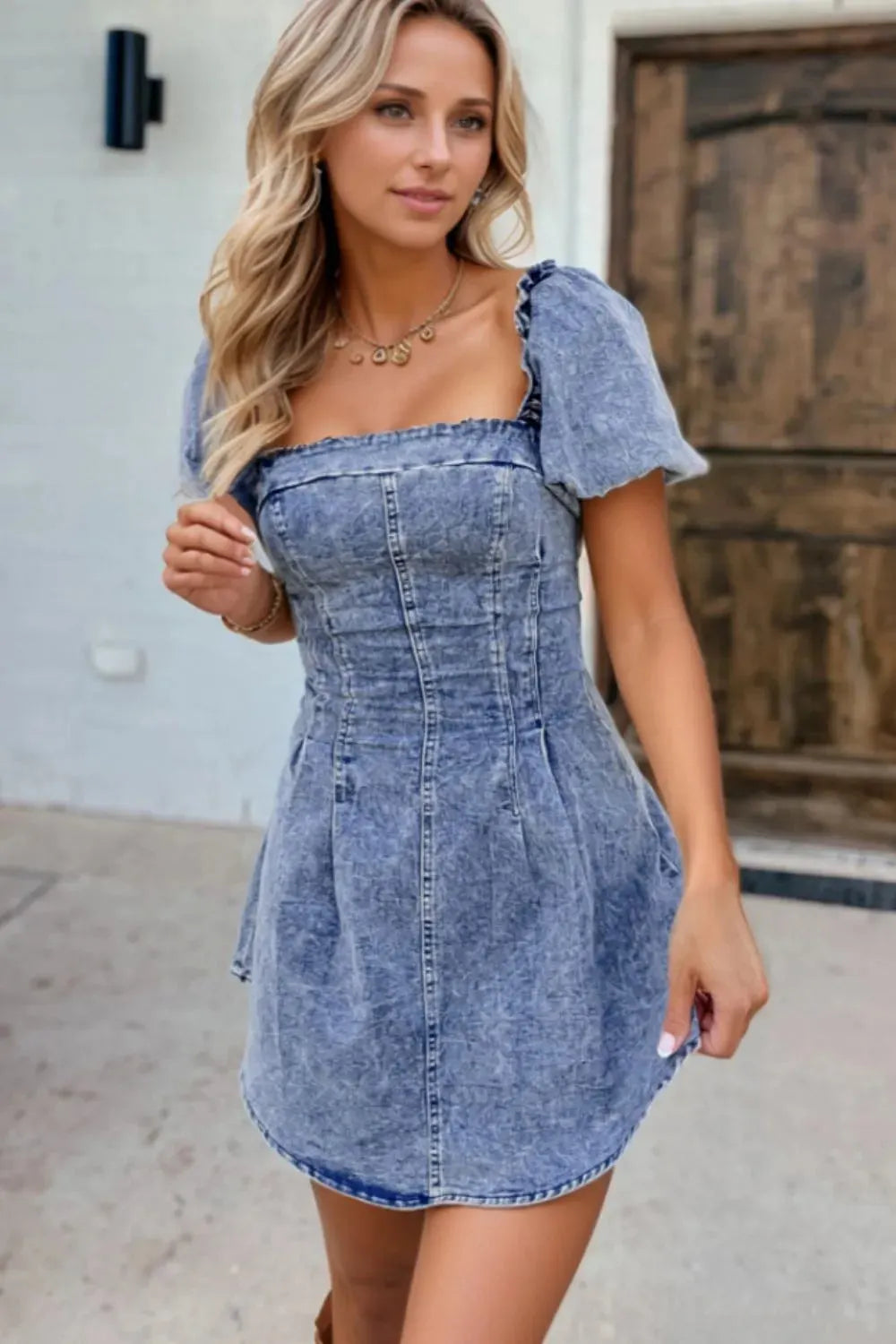 Mini Dress Denim Puff Sleeve Retro Date Night Going Out