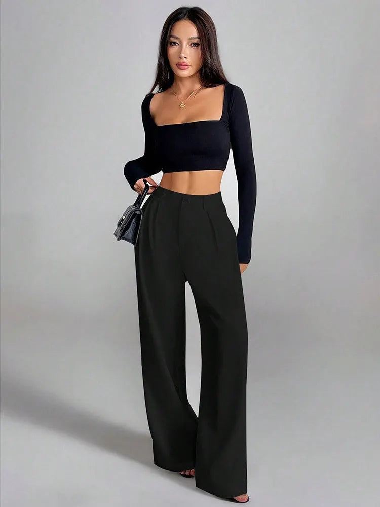 Solid Color Loose Button-down Suit Trousers