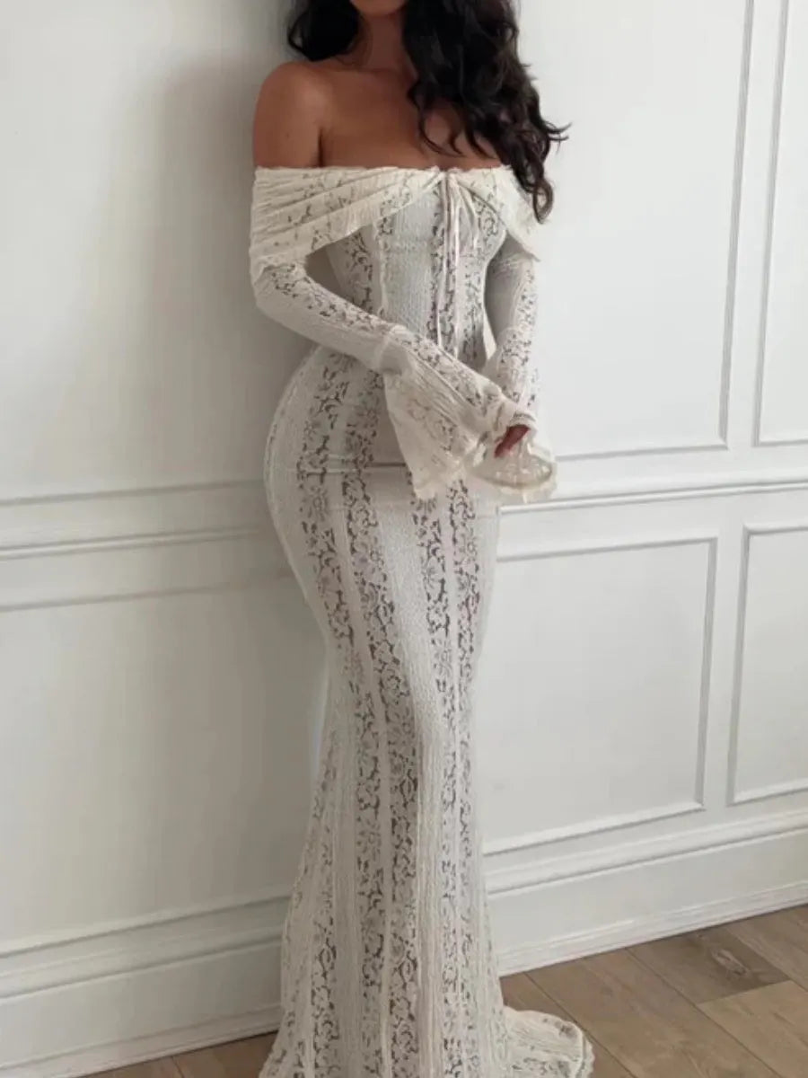 Lace Hollow Off Shoulder Flared Sleeves Hip-hugging Maxi Dresses