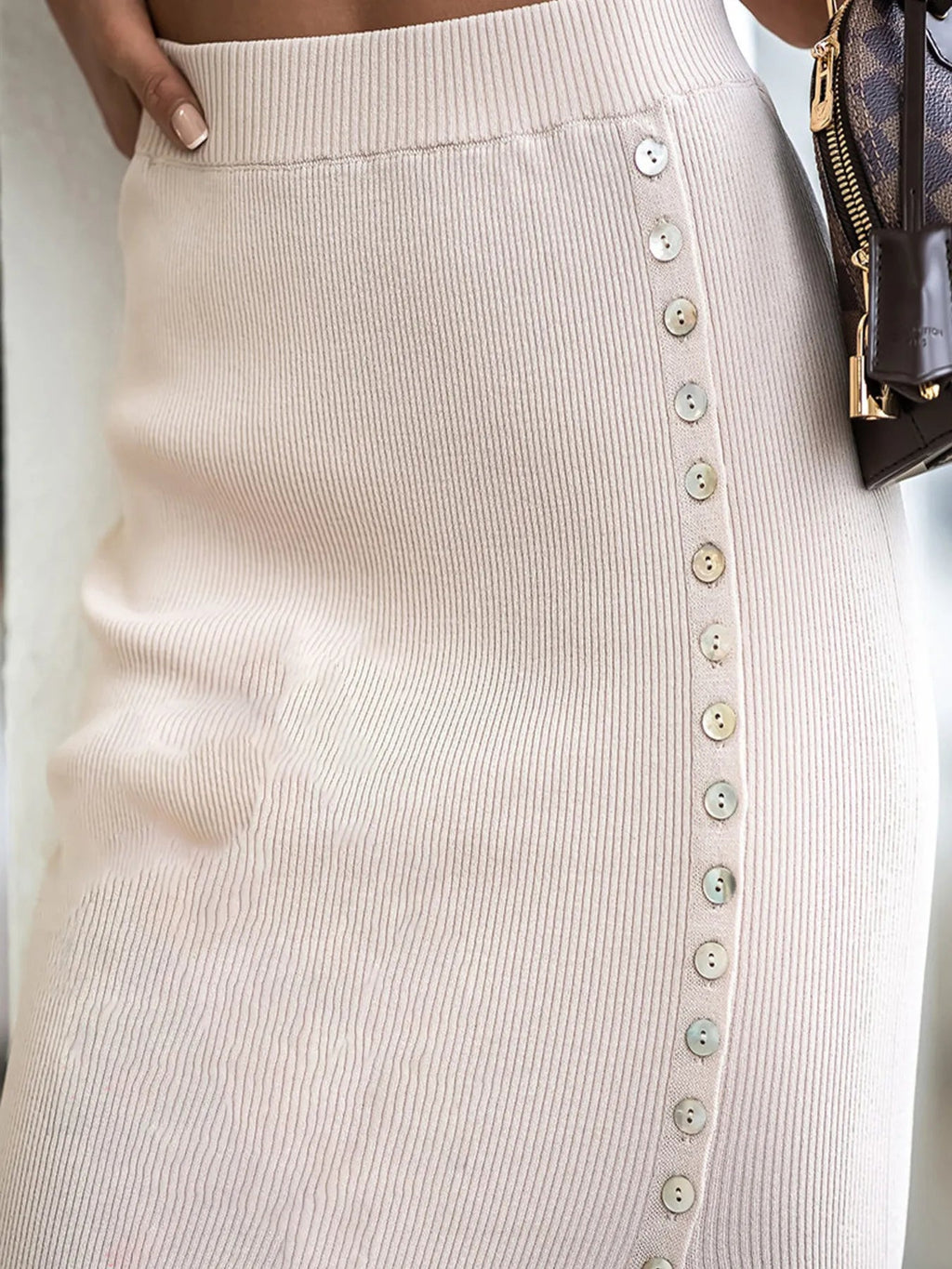 Midi Skirt Buttoned Slit Elastic Waist Trendy Party