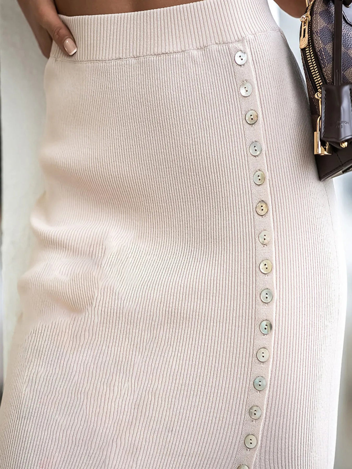 Midi Skirt Buttoned Slit Elastic Waist Trendy Party