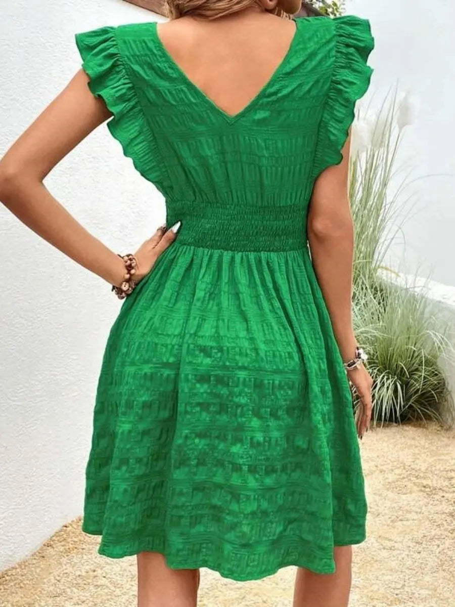 V-neck Pleated Ruffles Solid Color Mini&Short Dresses