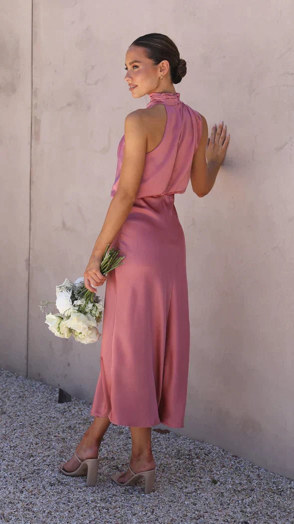 Satin Midi Gala Dress with Halter Neck and Open Back