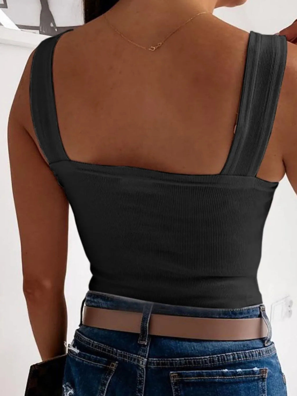 Tank Top Basic Wide Strap Ribbed Knit Slightly Stretchy