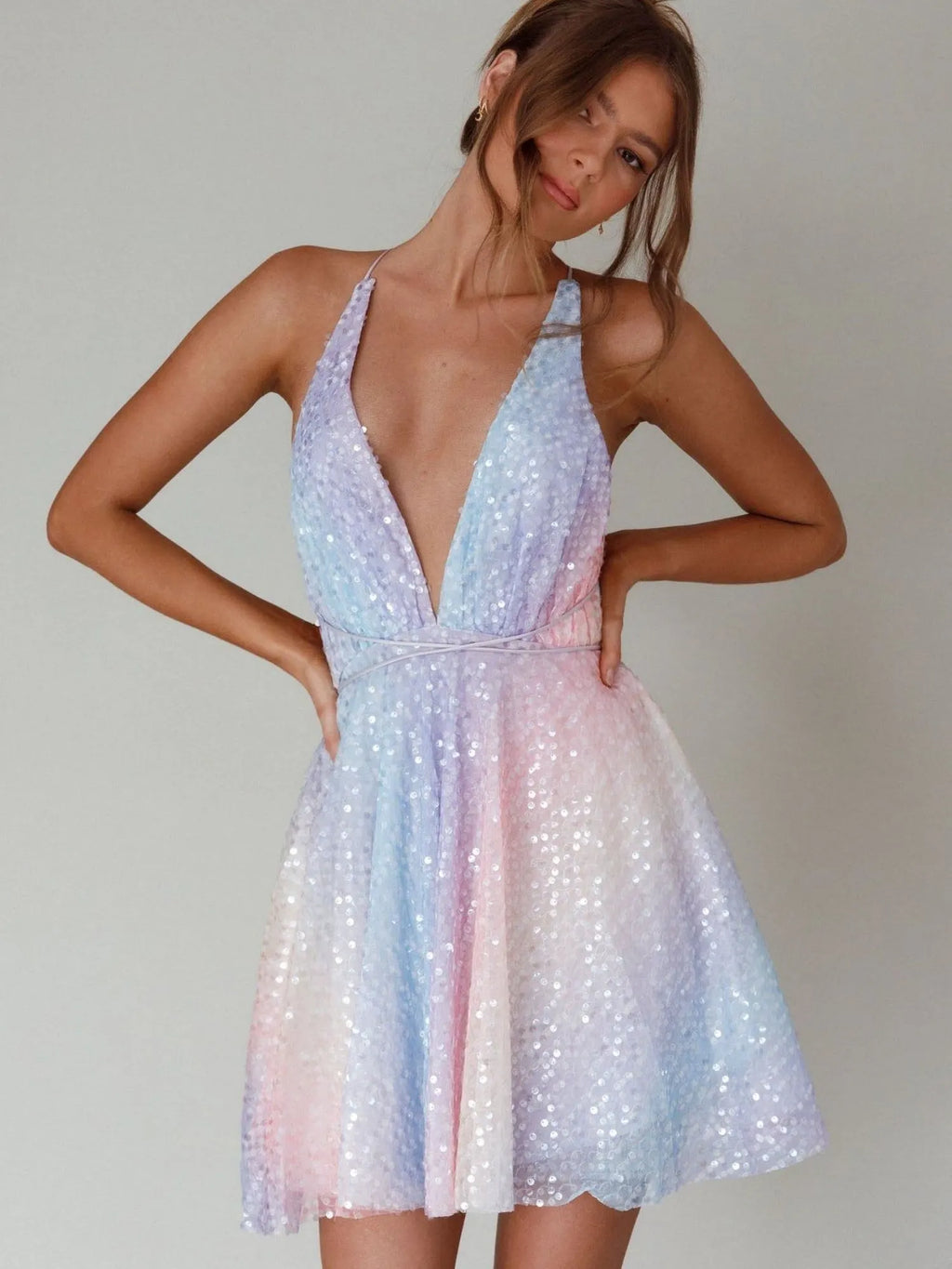 Sequins Bow Tie Deep V-neck Suspenders Backless Mini&Short Dresses