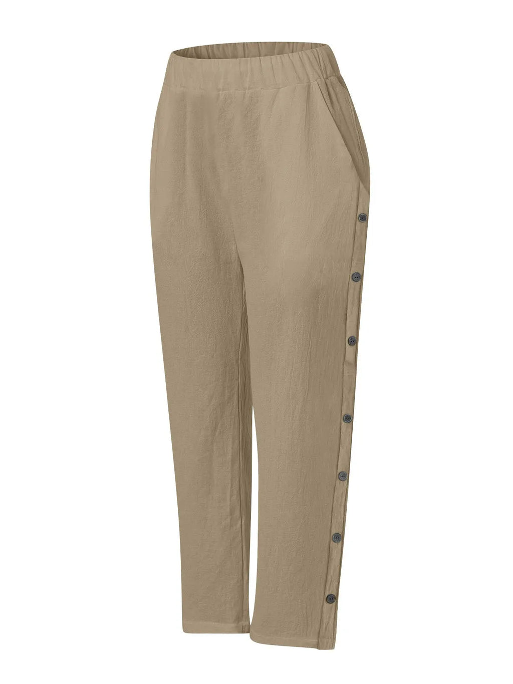 Breathable Cotton And Linen Cropped Trousers With Decorative Side Seams, Side Pockets, And A High Waist.