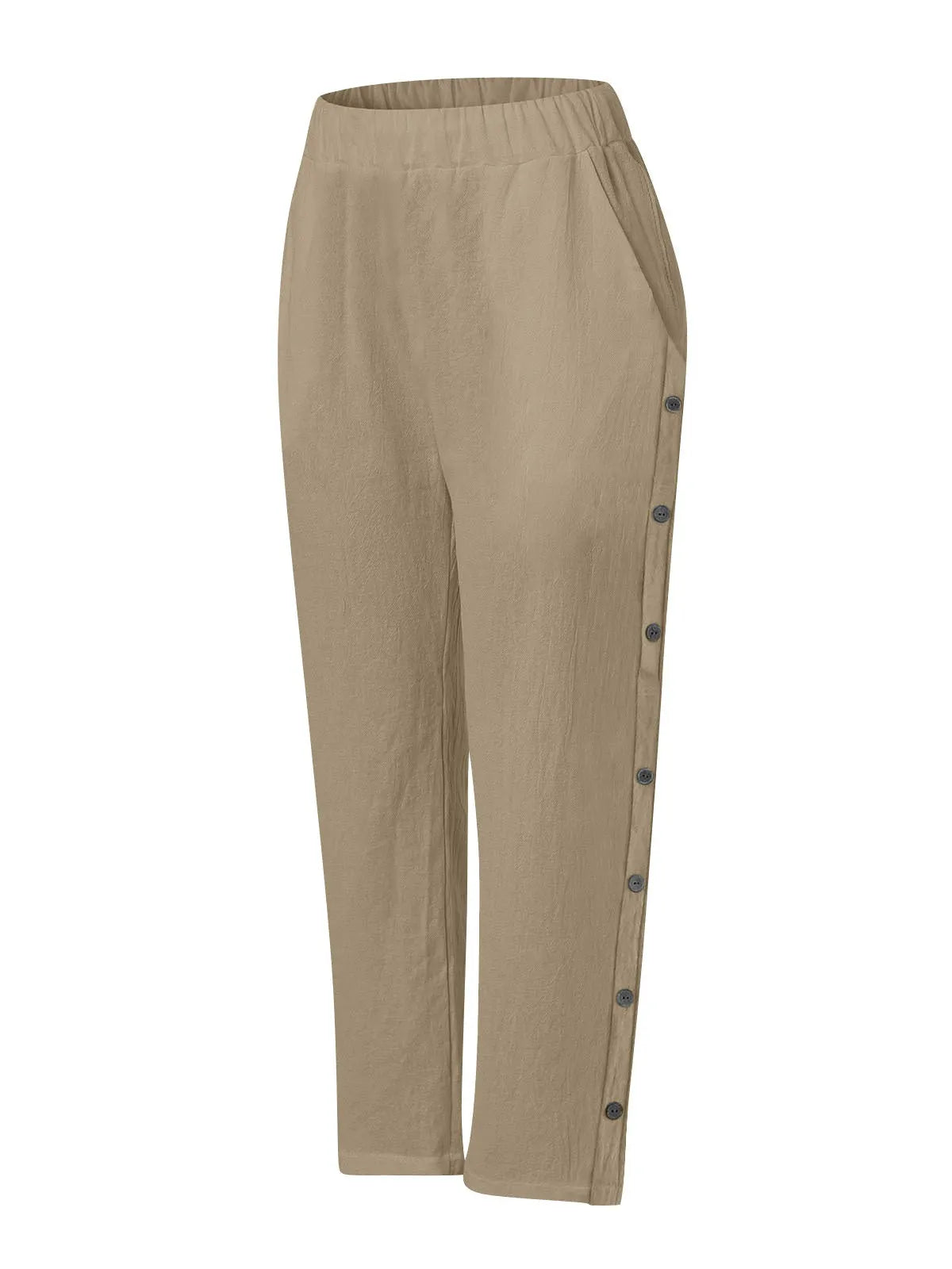 Breathable Cotton And Linen Cropped Trousers With Decorative Side Seams, Side Pockets, And A High Waist.