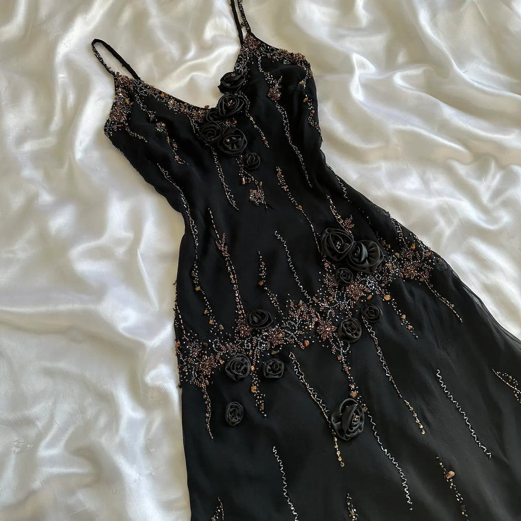 🥀✨Black Shiny Beautiful Vintage Gorgeous Fashion Elegant Exquisite Black Rose Gold Beading Midi/Short Chiffon Homecoming Dress Prom Dress Evening Dress Birthday Party Dress Ball Gown