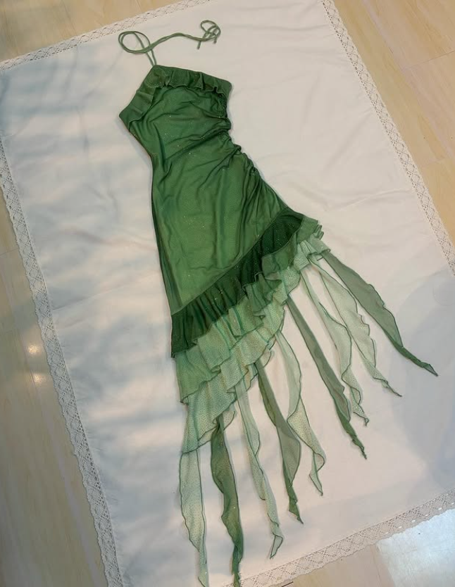 Green shiny ruffle chiffon homecoming dress fashion birthday party dress