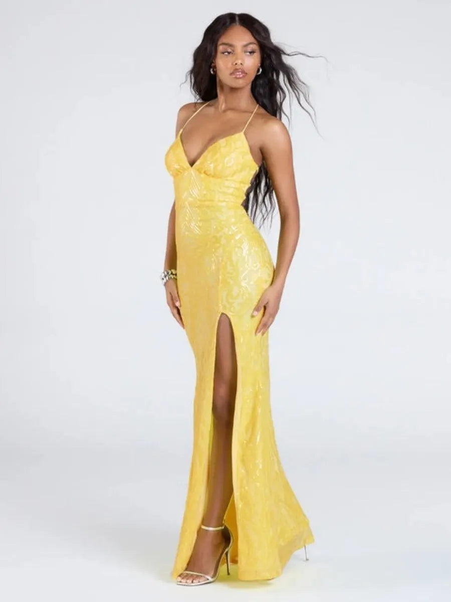 Sequins V-neck Opening Bandage Party Long Dress