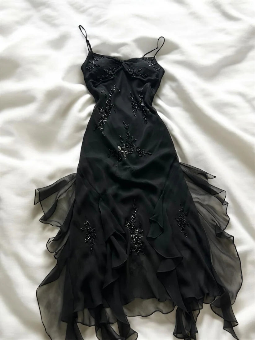 Black Exquisite Beaded Fairy Dress Elegant Long Prom Dress Retro Formal Graduation Dress Evening Dress