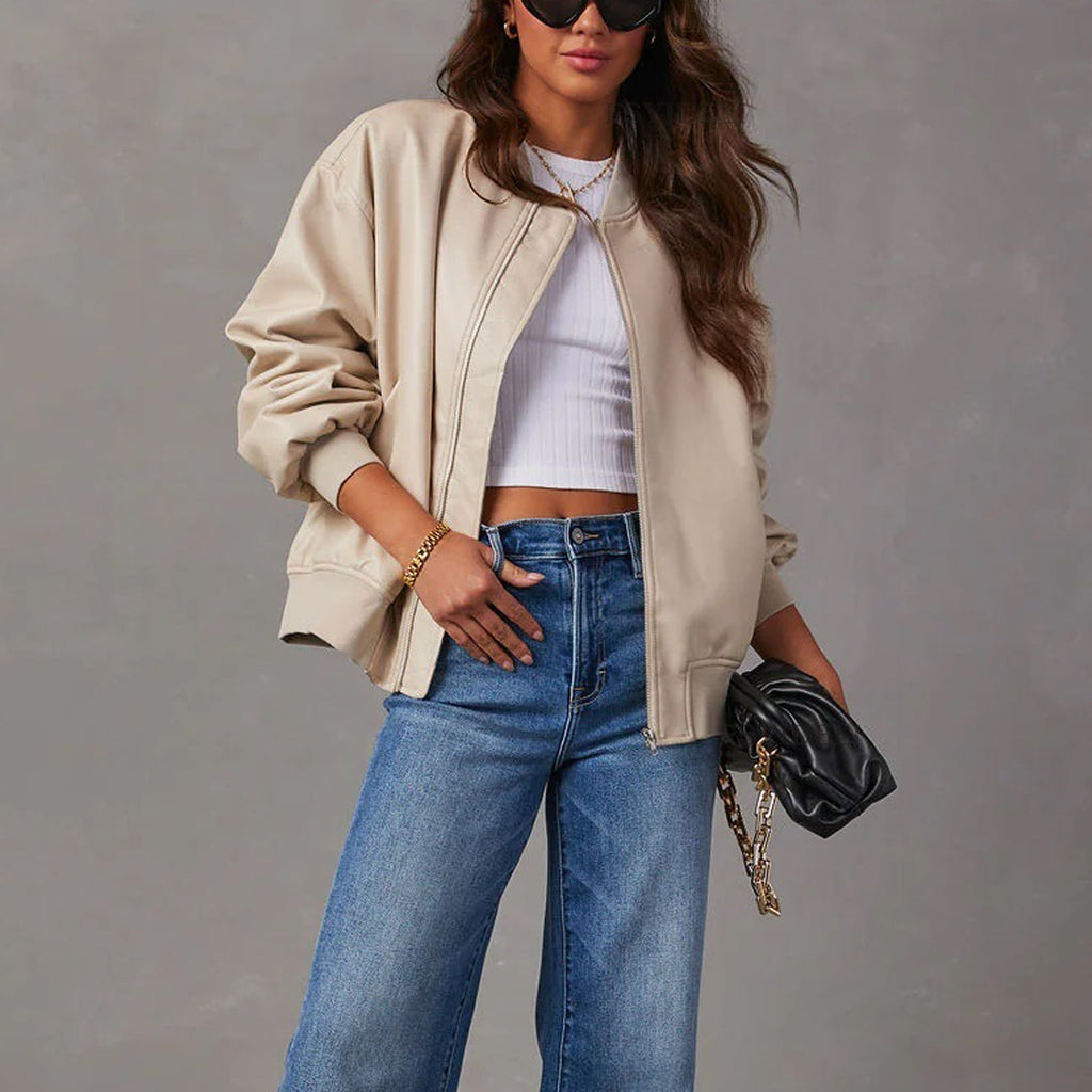 Women's Casual Oversized Faux-Leather Bomber Jacket
