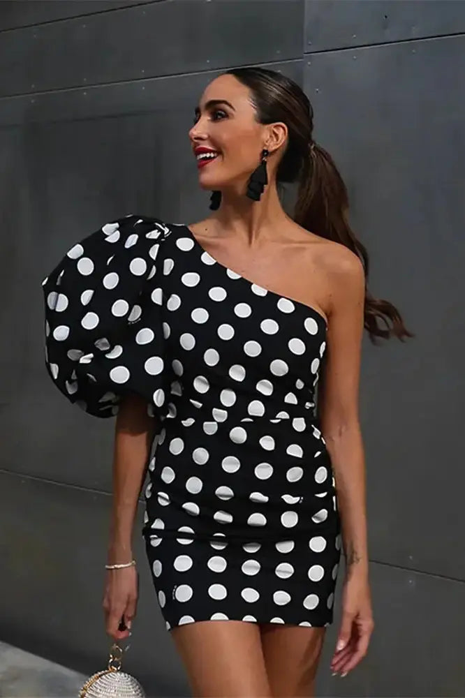 Dot Printed Mini Dress with Single Shoulder