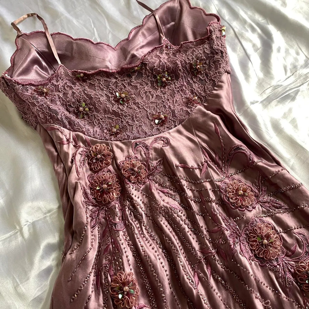 Pink Purple Retro Fashion Beautiful Dreamy Exquisite Floral Beaded Spaetti Straps Short Mid-Length satin Prom Dress Evening Party Dress Prom Dress Homecoming Dress