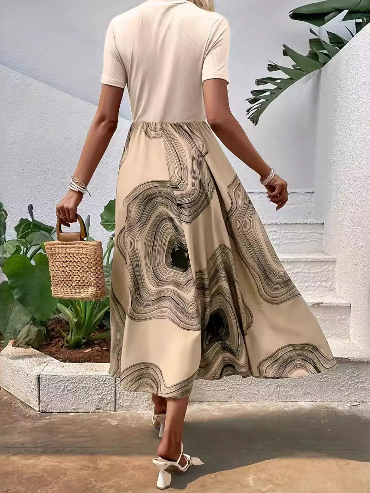 Printed Short Sleeve Round Neck Dress for Women