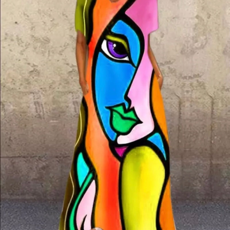 Women Casual Summer Vintage Short Sleeve Loose Character Print V Neck Dress