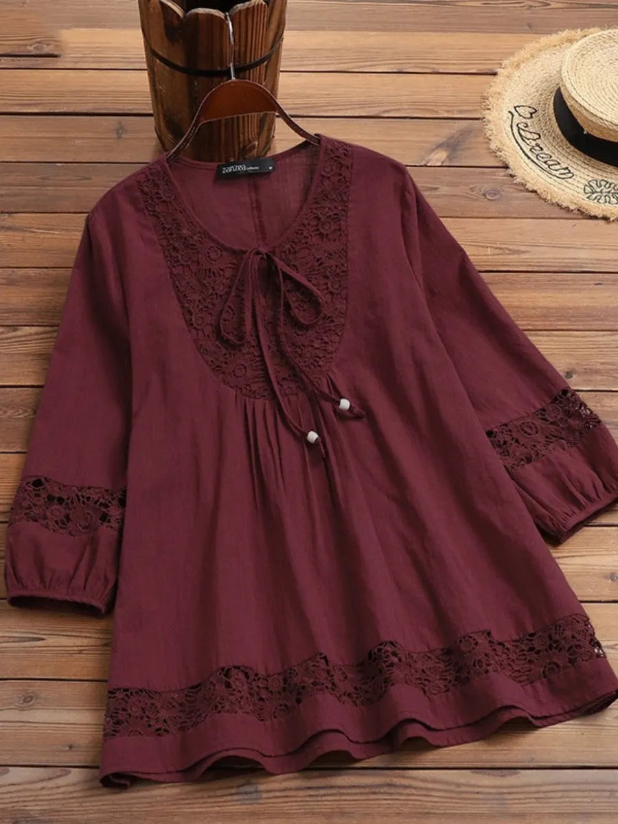 Tie-up Cotton And Linen Patchwork Lace Three-quarter Sleeve T-shirt