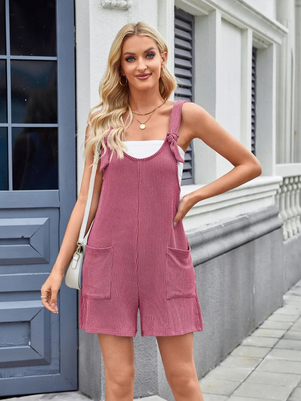 Overalls Knotted Strap Ribbed Casual Stretchy Holiday