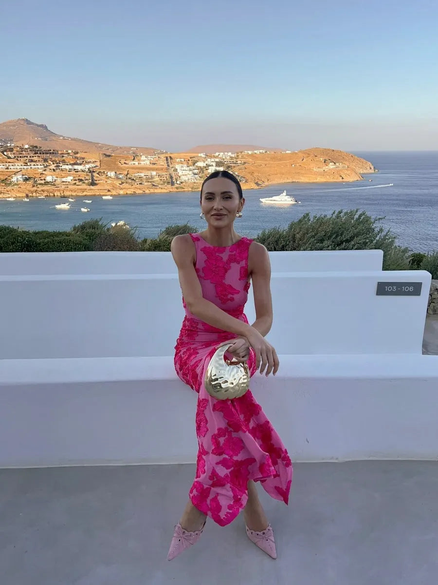 Sexy Bodycon Maxi Dress With 3D Flocked Floral Pattern