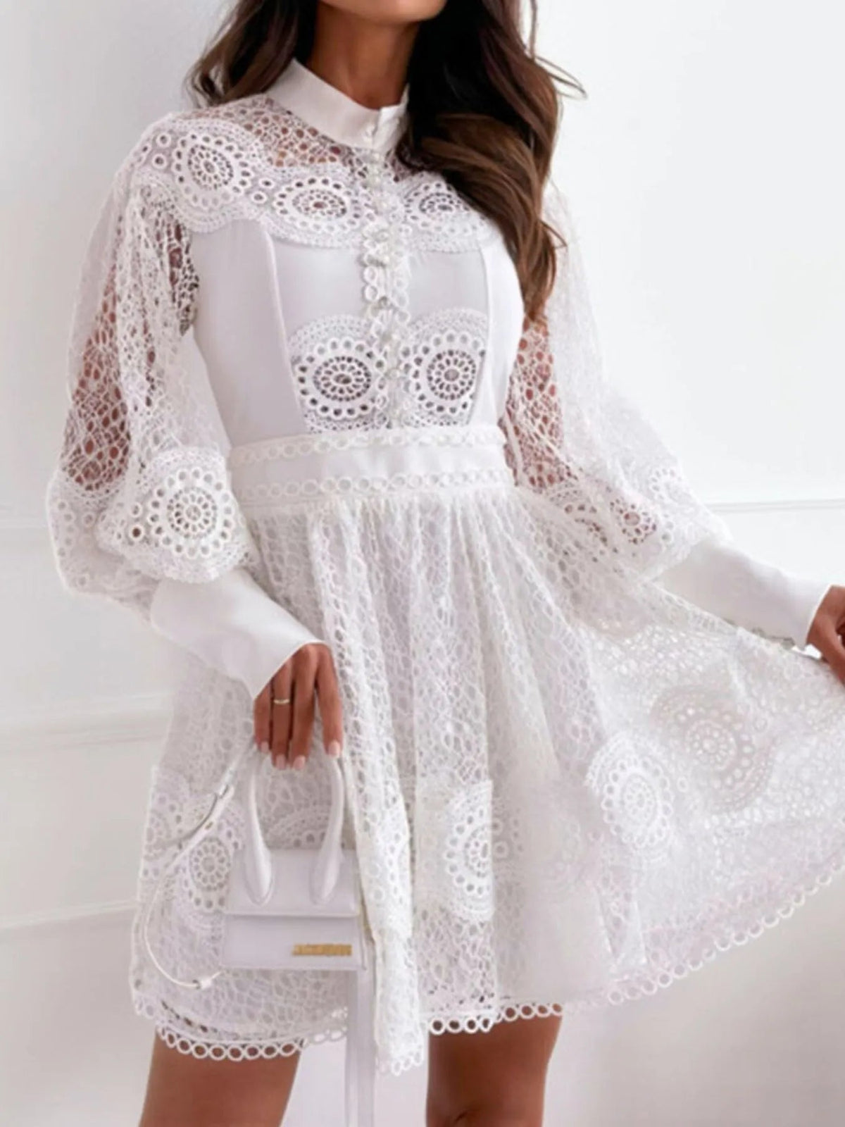 Lace Mini Dress with Lantern Sleeves
