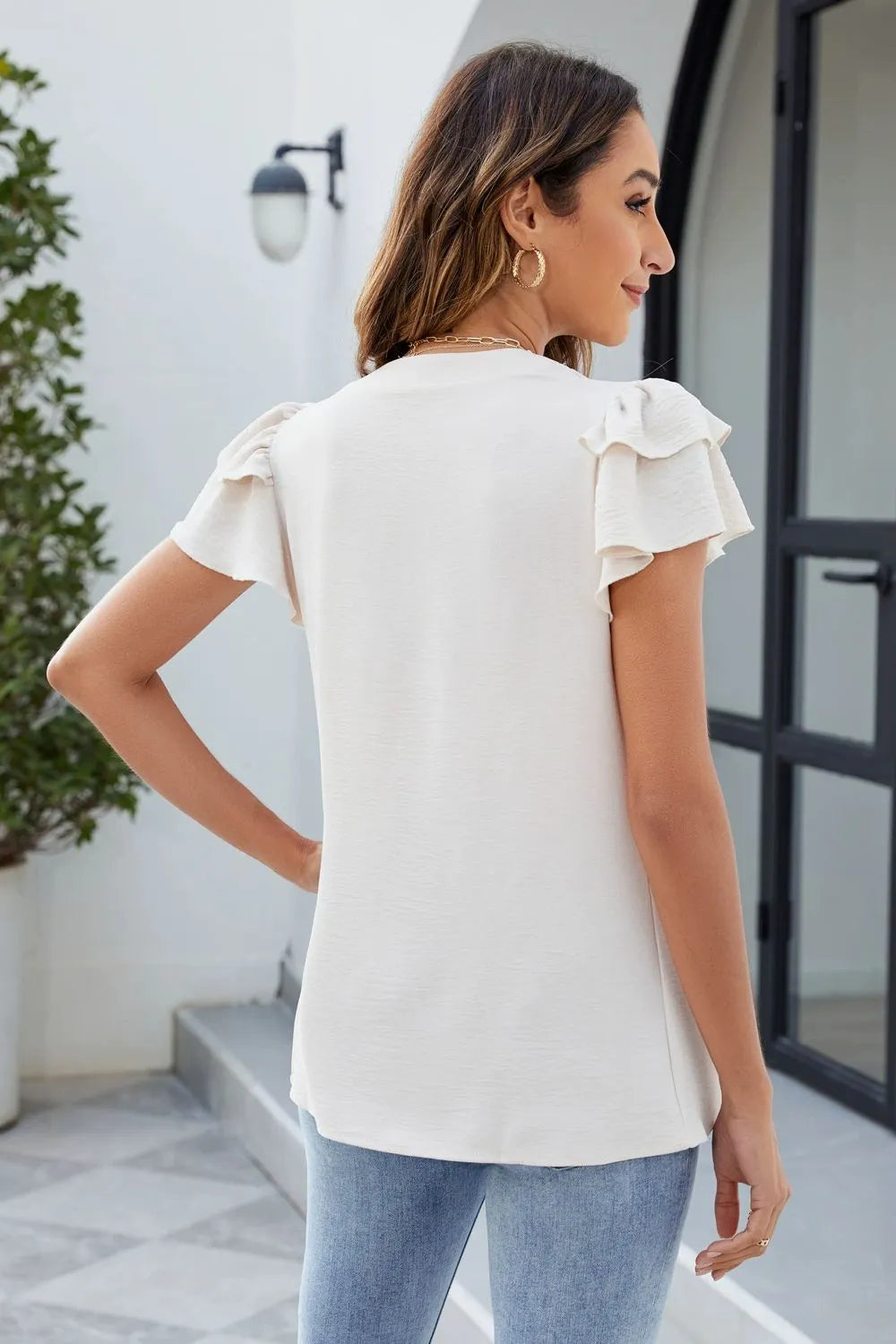 Ruffled Blouse Opaque Notched Versatile Trendy Casual