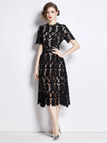 Water-soluble Lace Short-sleeved Slim-fit Midi Dress