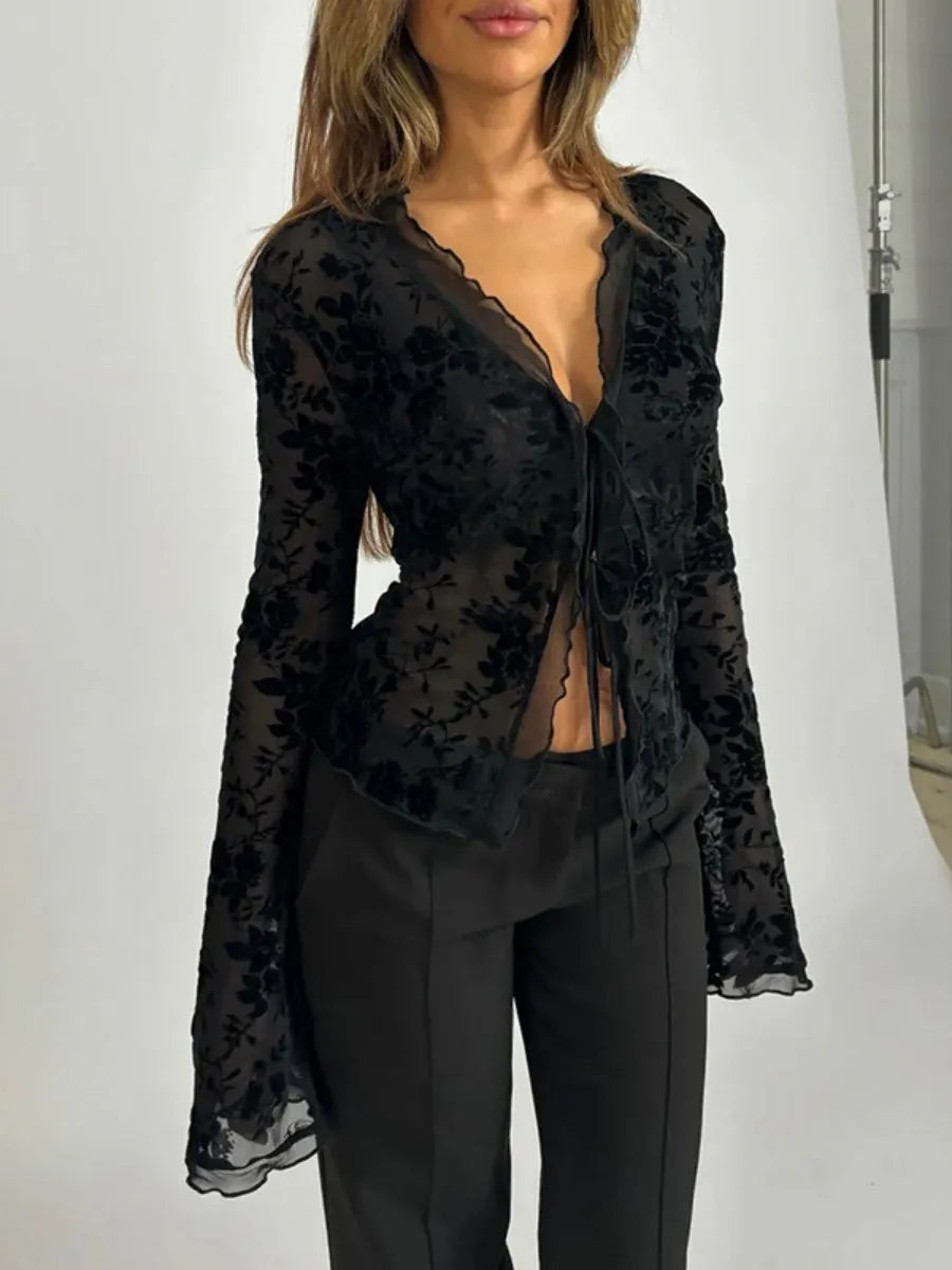 Deep V-neck Chiffon Burning Flowers Long Sleeve Designer Shirt