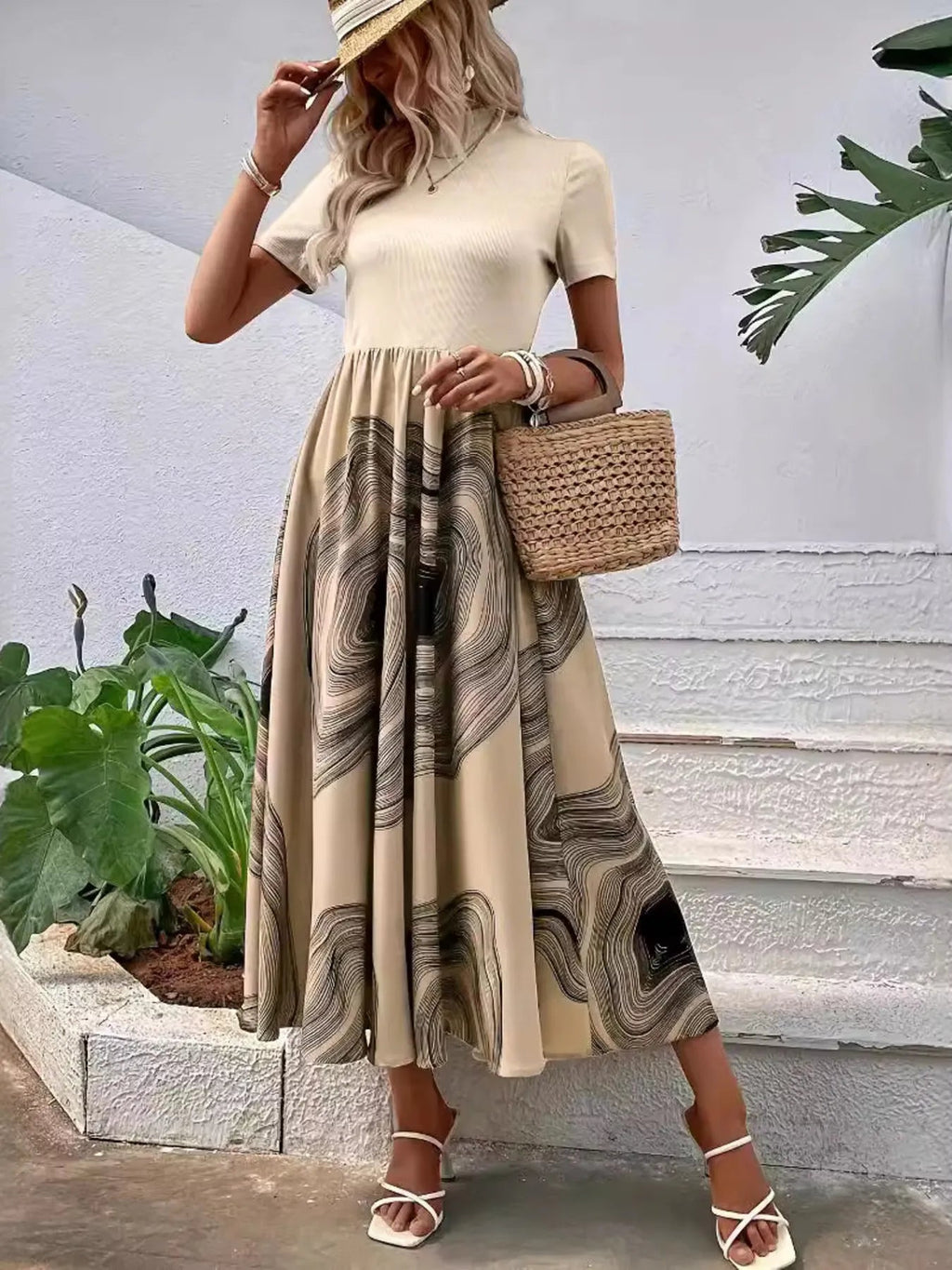 Printed Short Sleeve Round Neck Dress for Women