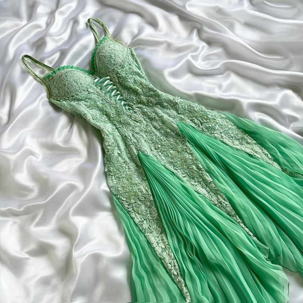 Mint Green Shiny Charming Stunning Unique Fashion Beautiful Elegant Delicate Lace Long Lace Sequin Fairy Ball Gown Evening Gown Birthday Party Gown Prom Gown