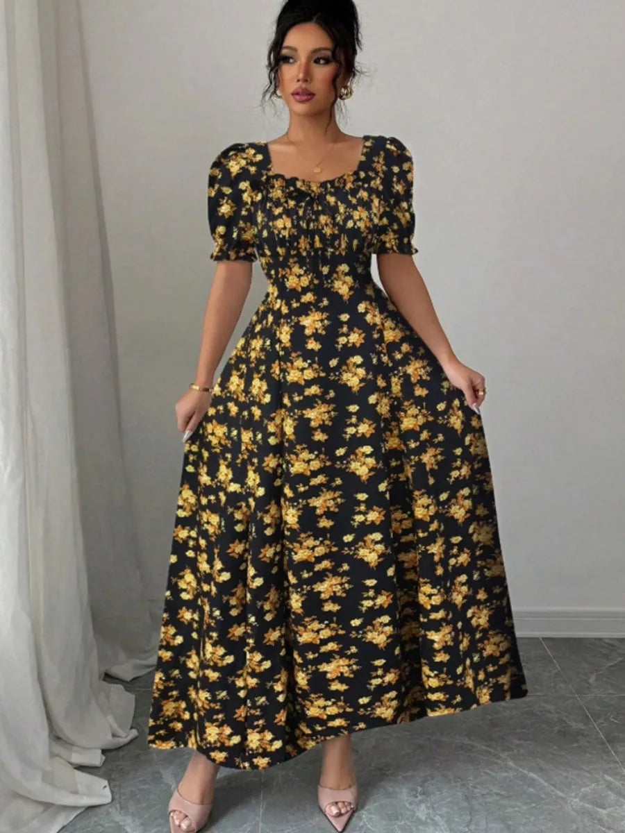 Floral Short Sleeve Square Collar Ruffle Vacation And Leisure Maxi Dresses