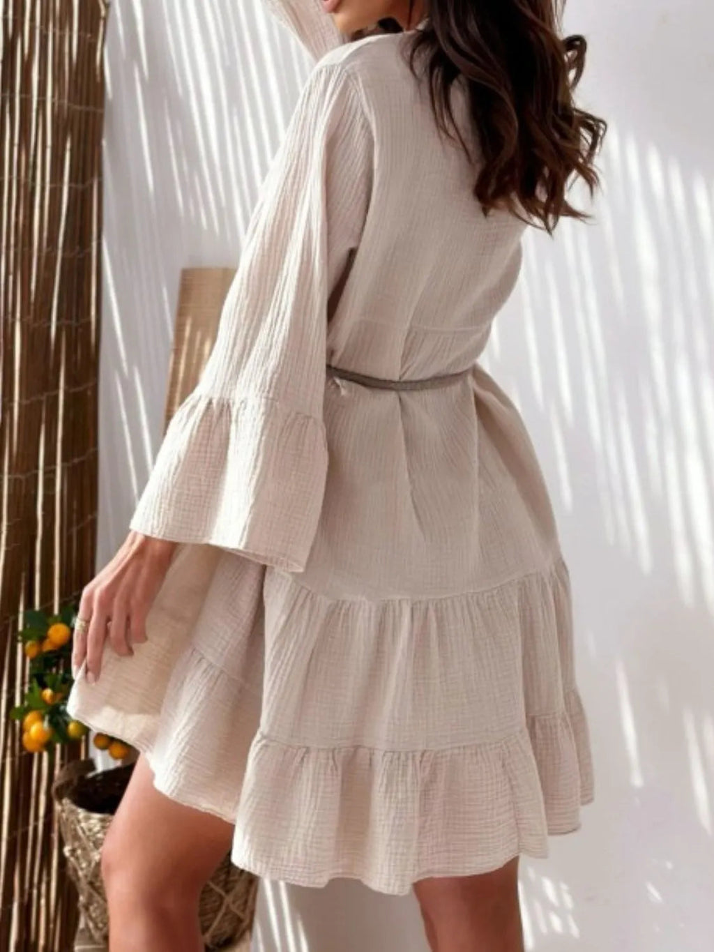 Mini Dress Button Detail Boho Tunic Notched Casual
