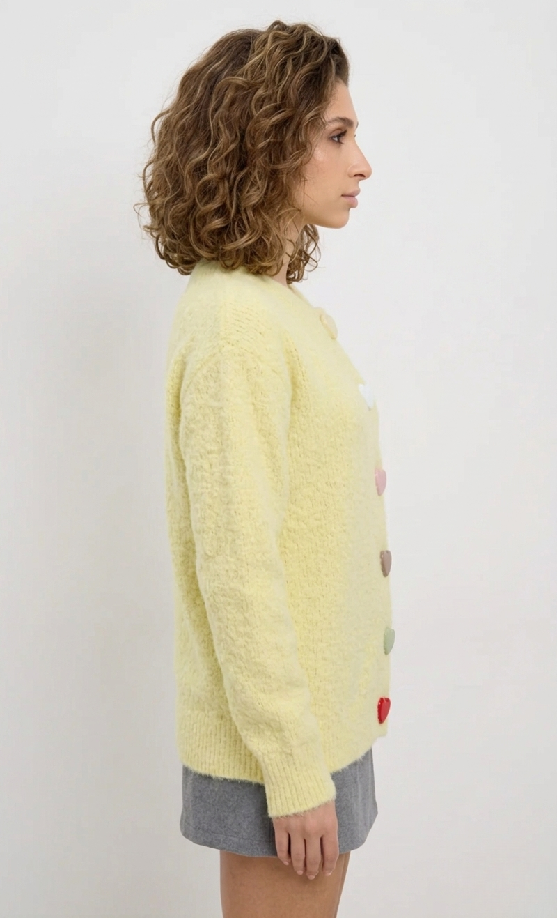 Yellow Soft Knitted Cardigan for Women with Heart-Shaped Buttons