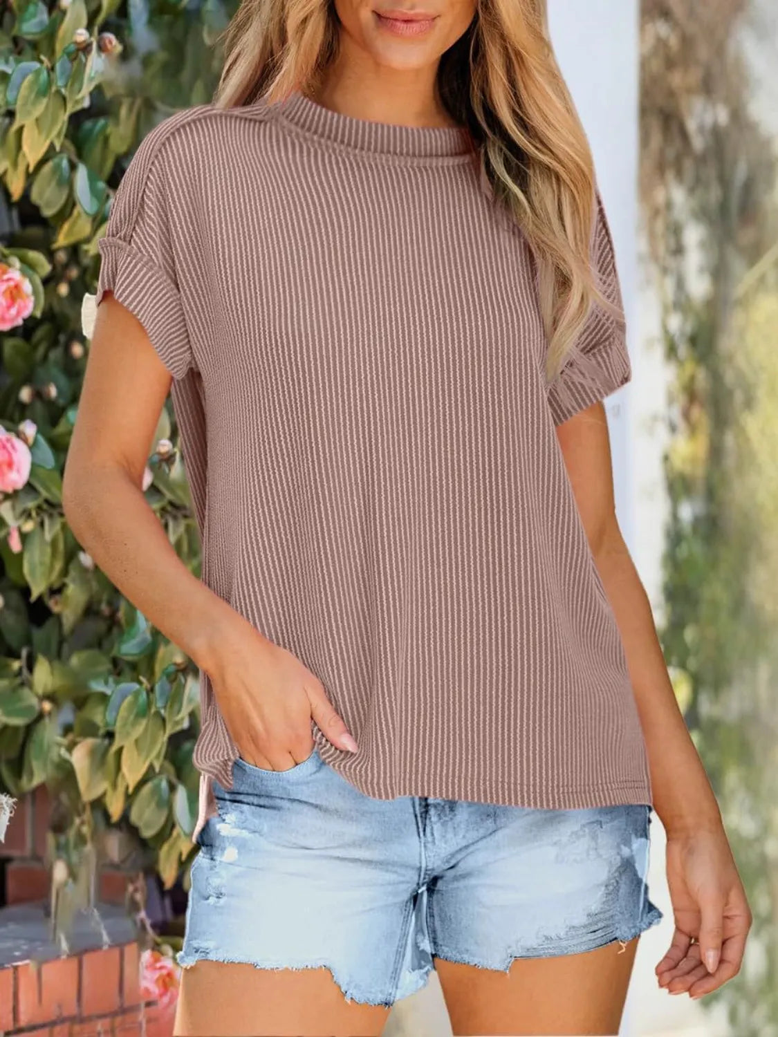 T-Shirt Casual Ribbed Knit Loose Fit Everyday Athleisure