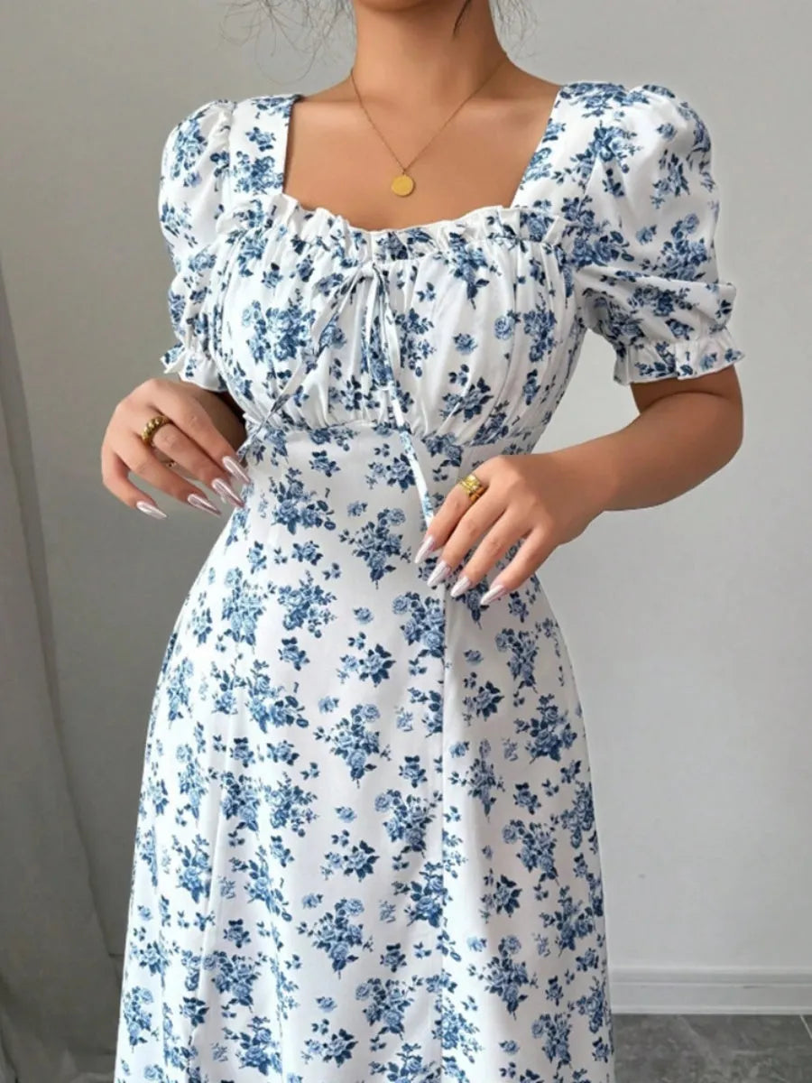 Floral Short Sleeve Square Collar Ruffle Vacation And Leisure Maxi Dresses
