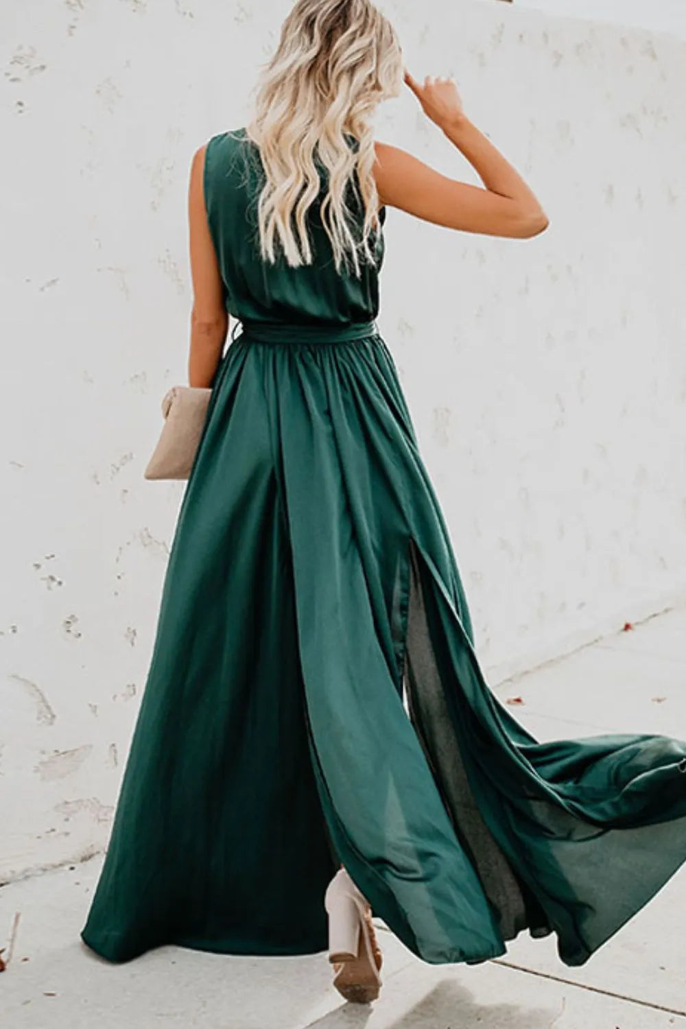 Maxi Dress Surplice Neck Tie Waist Elegant Side Slit Summer