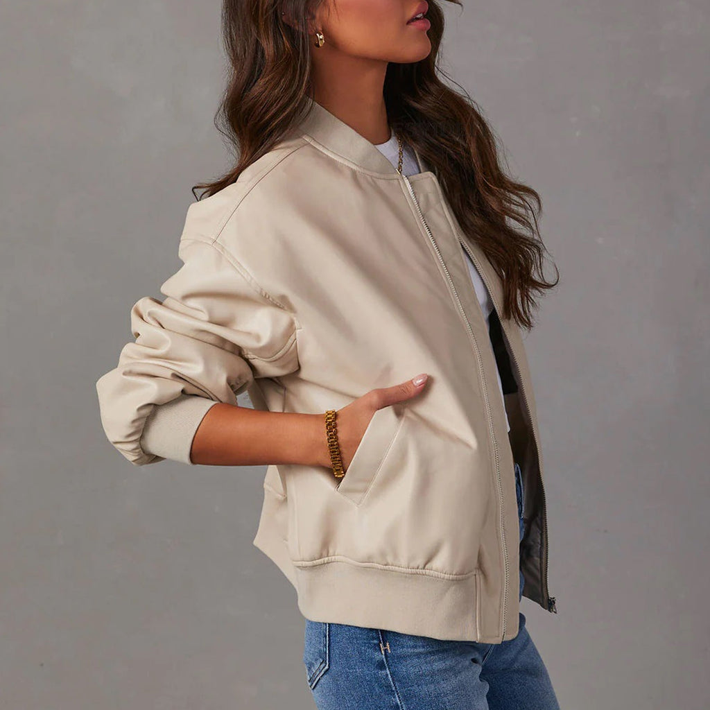 Women's Casual Oversized Faux-Leather Bomber Jacket