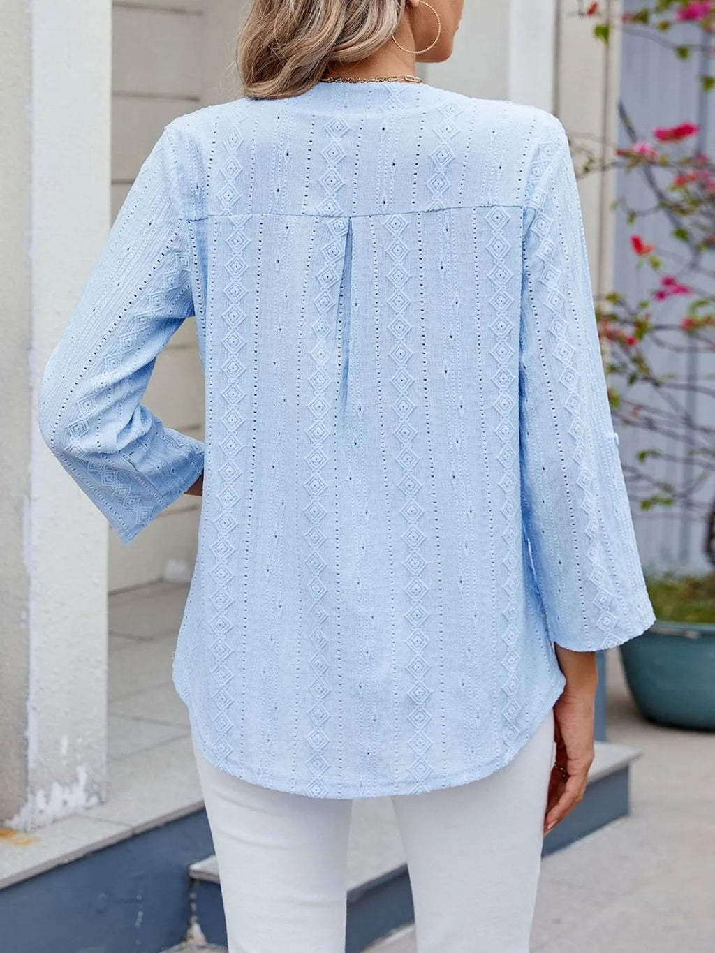 Blouse Top Eyelet Roll-Tab Sleeve Chic Split Neck Boho