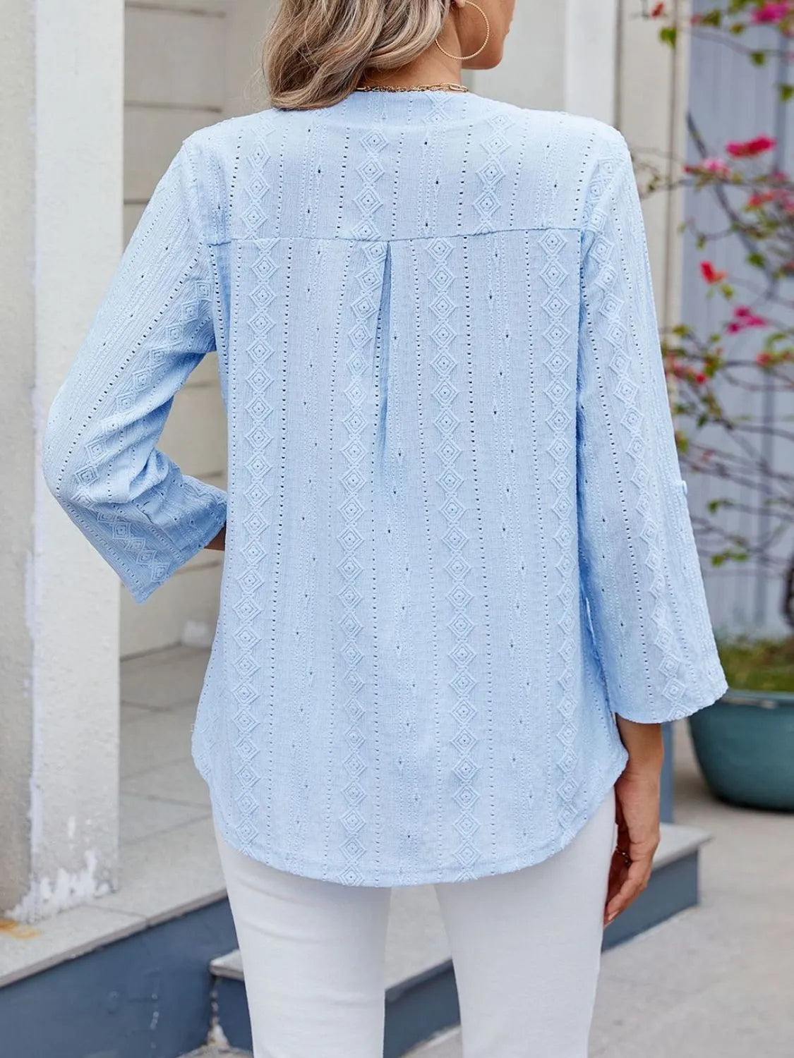 Blouse Top Eyelet Roll-Tab Sleeve Chic Split Neck Boho