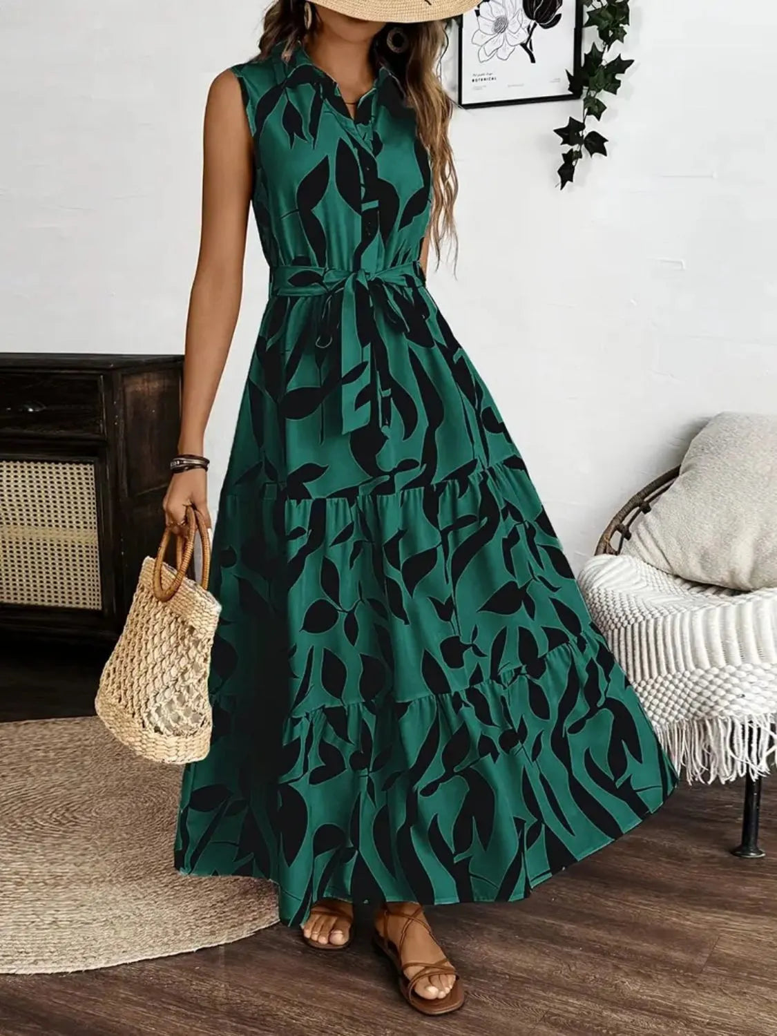 Maxi Dress Tropical Printed Tie Waist Sleeveless Collared