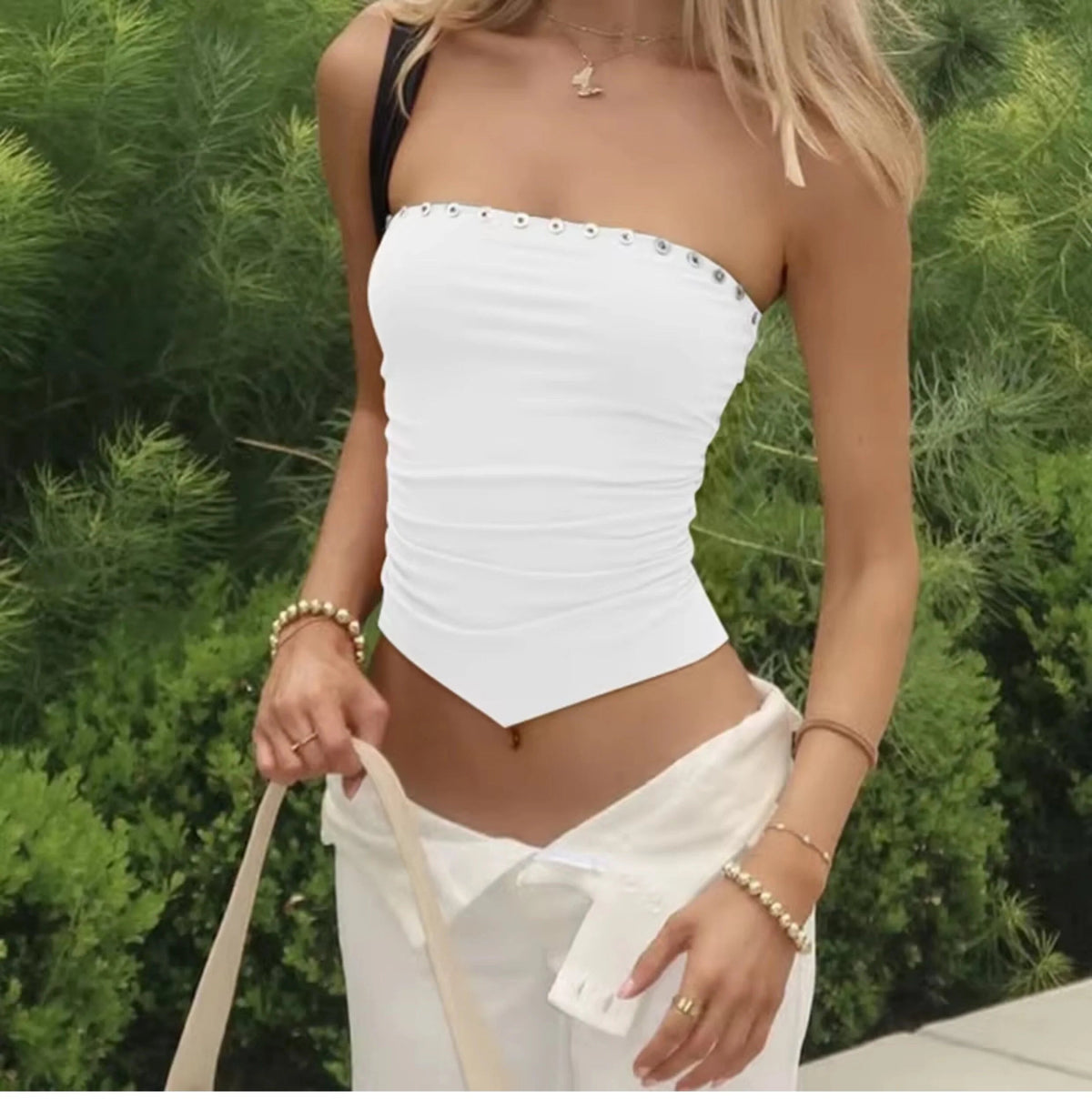 Pleated Button Trim Tube Top