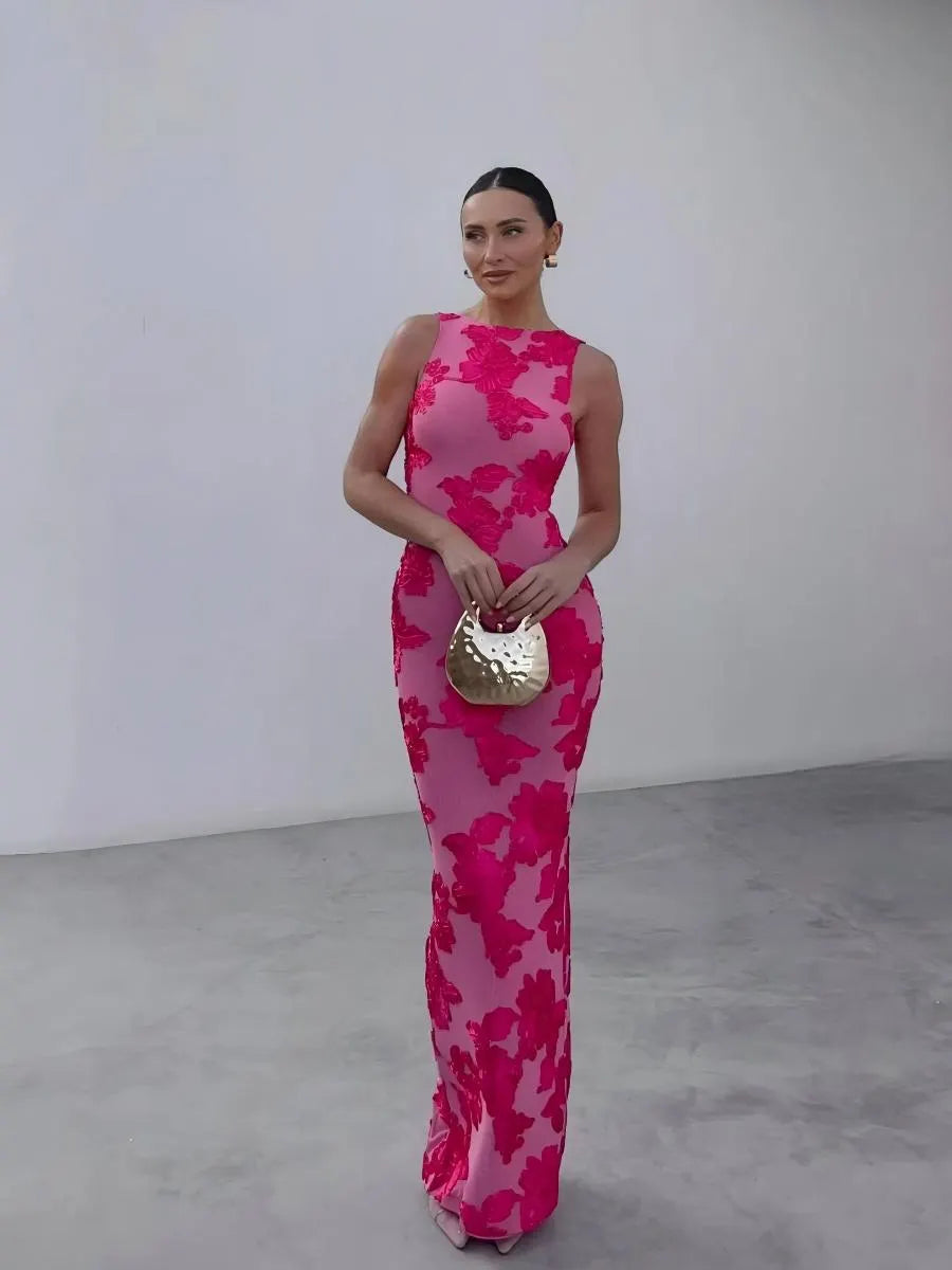 Sexy Bodycon Maxi Dress With 3D Flocked Floral Pattern